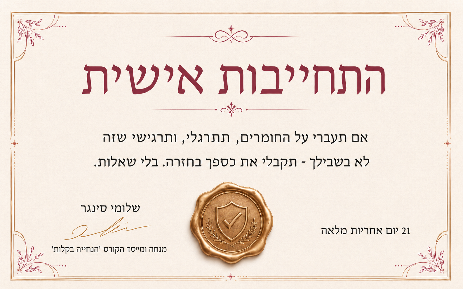 תעודת אחריות - 21 יום אחריות מלאה